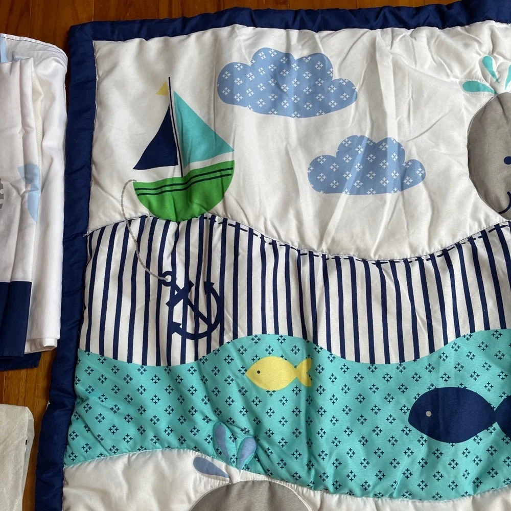 Nursery crib set Nautical Baby Quilt & 2 Crib Skirts BOAT ANCHOR WHALE S…